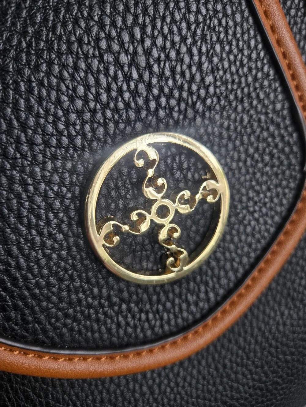Stauer Black & Tan Shoulder Bag Gold Logo Large Satchel Tote